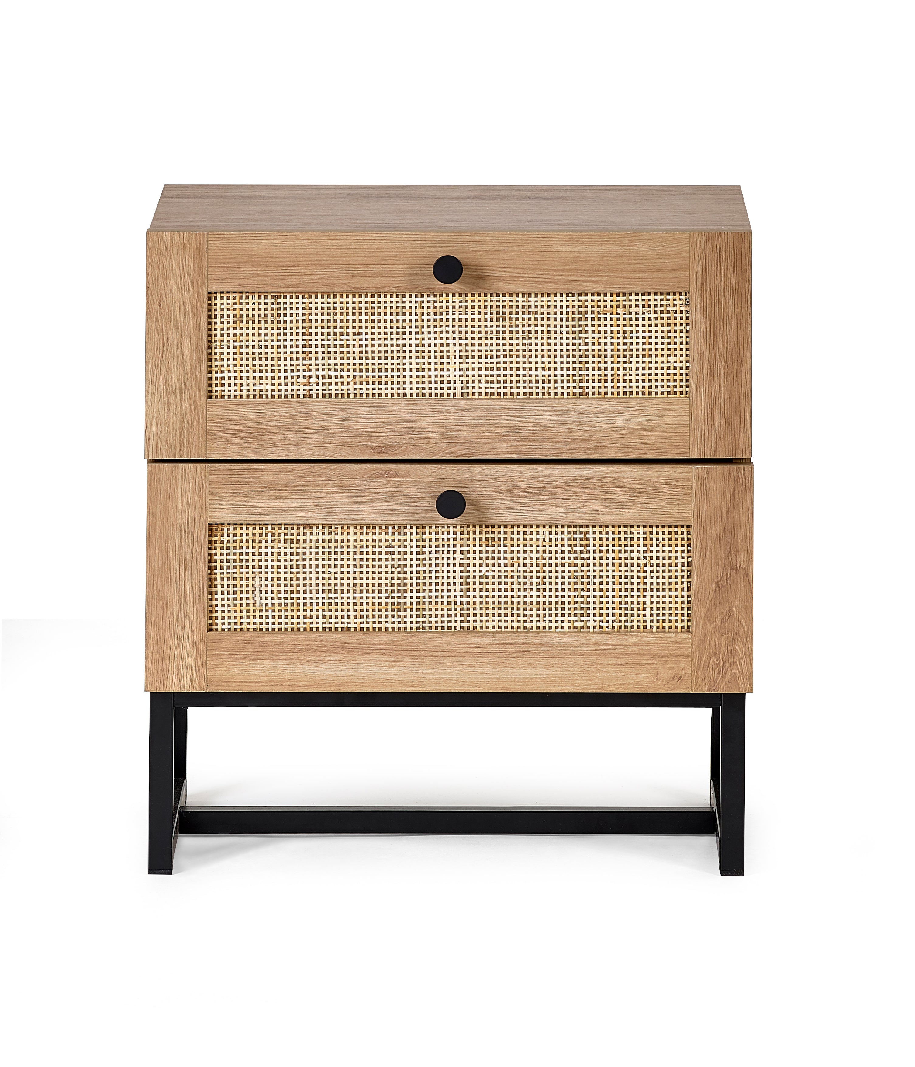 Clermont Oak Wood & Rattan Bedside Table | 2 Drawers